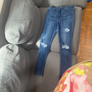 Hollister Women's Distressed Skinny Jeans - Dark Blue